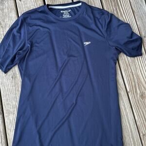 Speedo mens size L polyester T-shirt, navy short sleeve crewneck